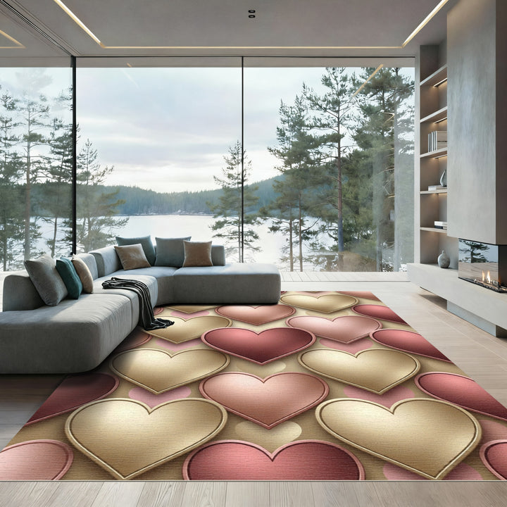 Elegant Gold Rose Hearts Rug