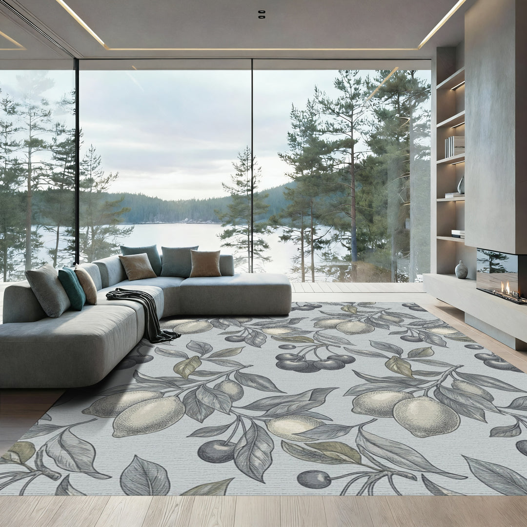 Vintage Lemon Cherry Branch Illustration Rug
