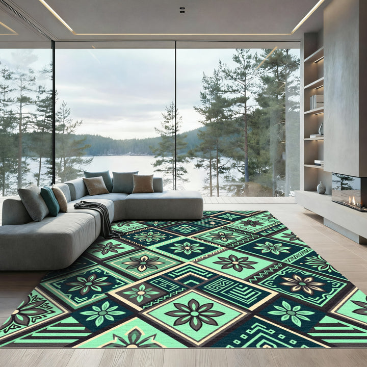 Teal Geometric Floral Diamond Tile Rug