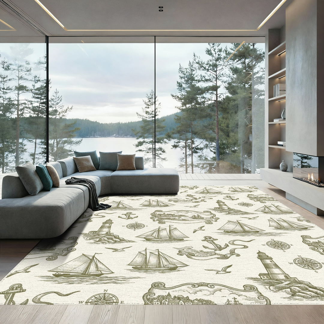 Nautical Lighthouse Sailboat Anchor Marine Scene Rug