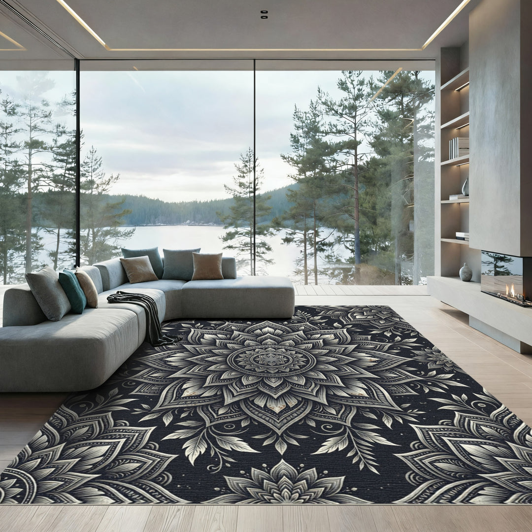 Ornate Black and White Mandala Blooms Rug