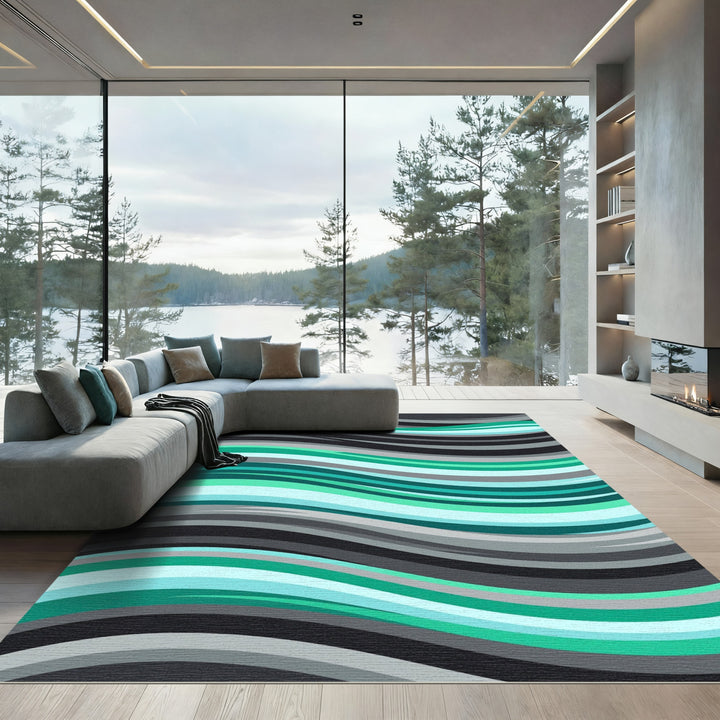 Modern Teal Gray Abstract Wavy Rug