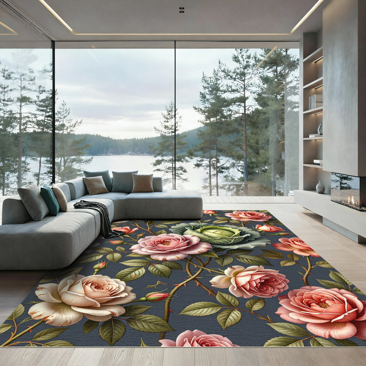 Pink Rose Cabbage Dark Floral Garden Rug