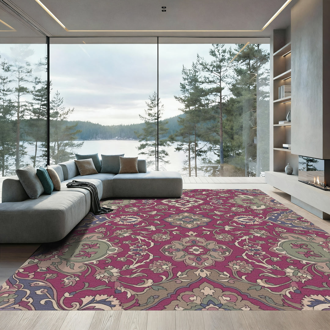Deep Crimson Floral Medallion Scroll Rug
