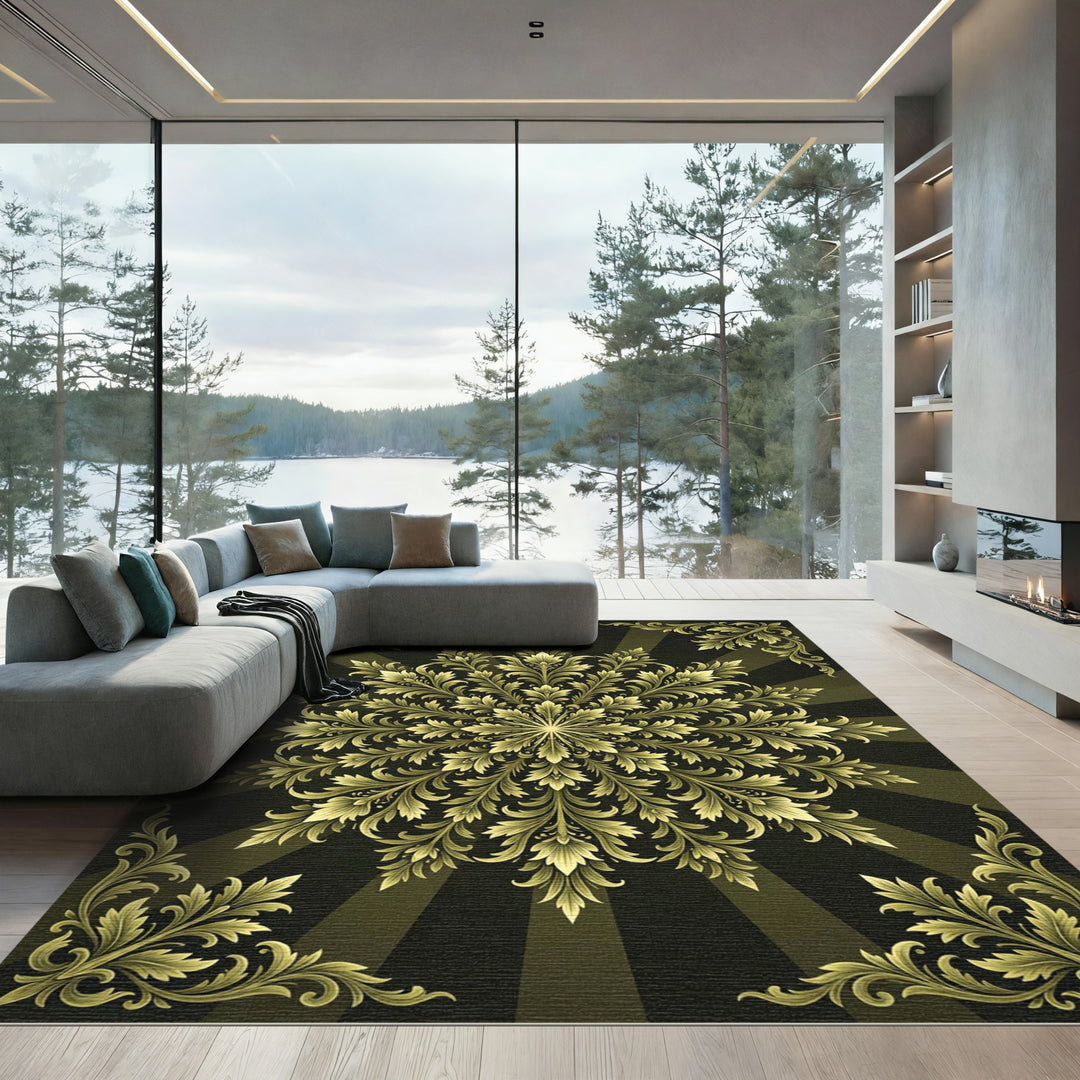 Golden Baroque Sunburst Damask Rug