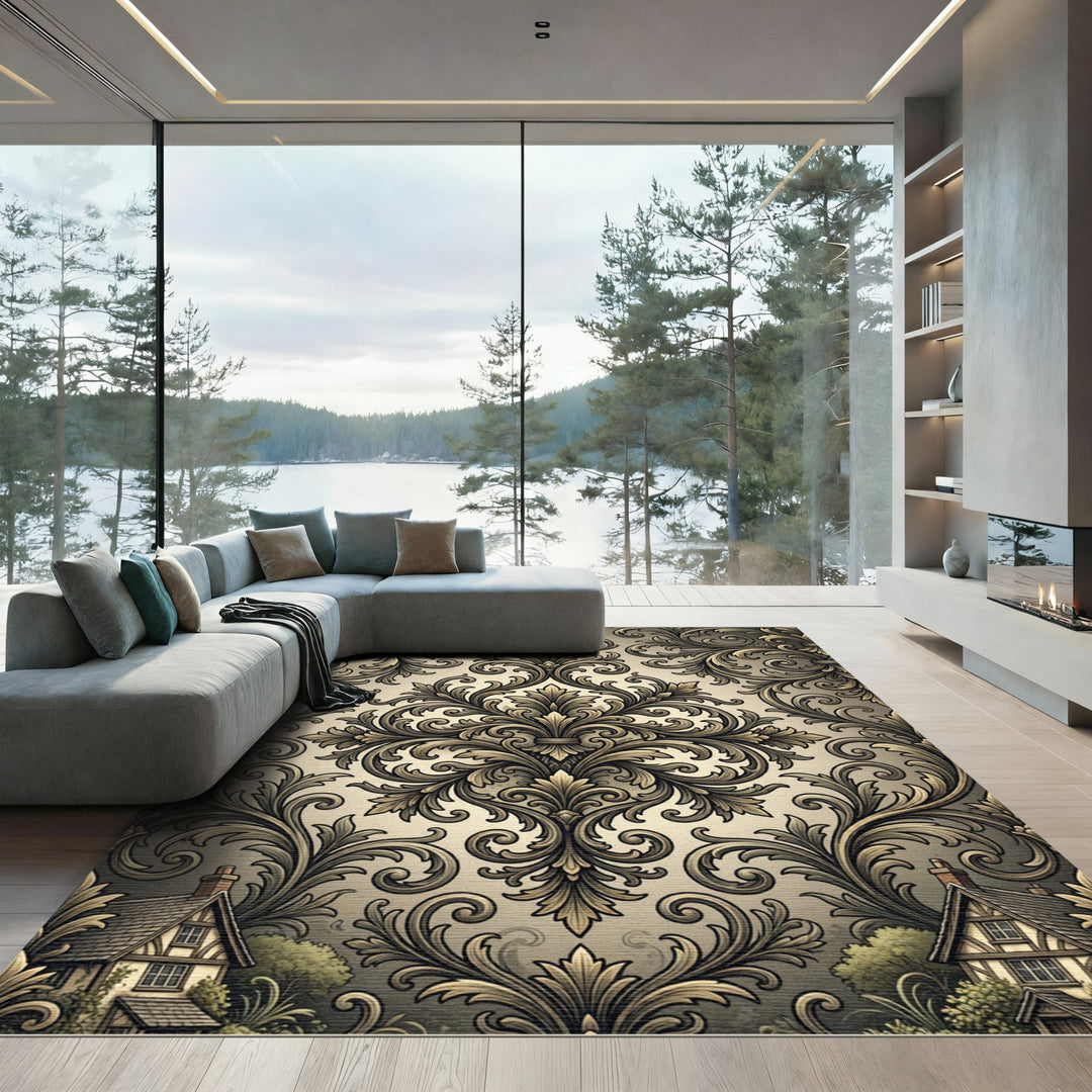 Ornate Vintage Gold Damask Ornament Rug