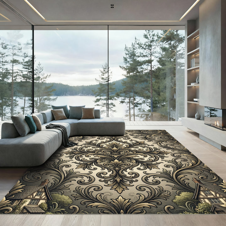 Ornate Vintage Gold Damask Ornament Rug