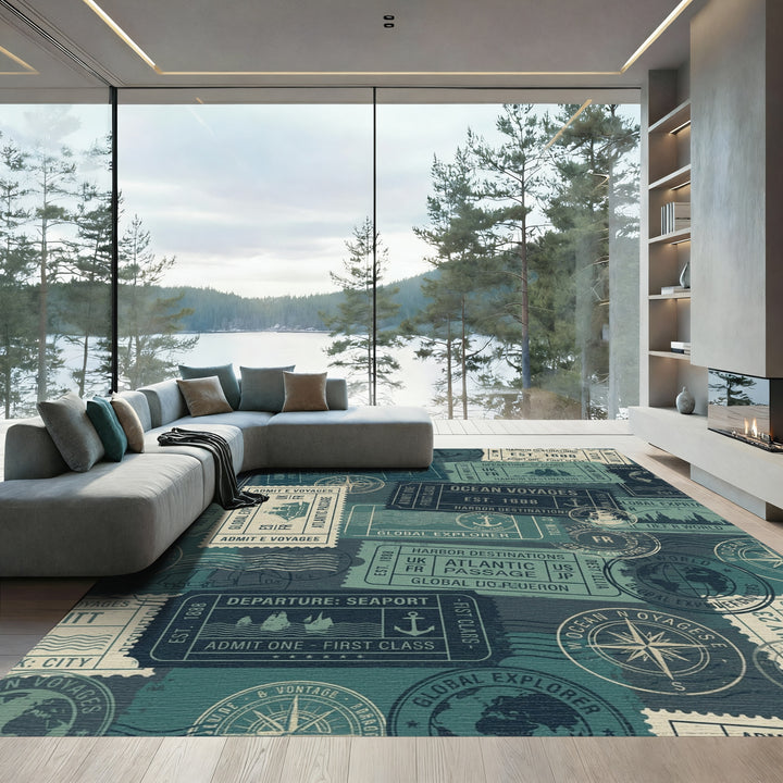 Ocean Voyages Stamps Collage Rug