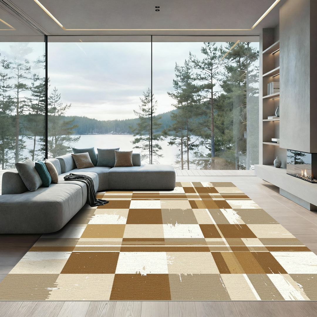 Brown and Beige Grungy Checkered Rug