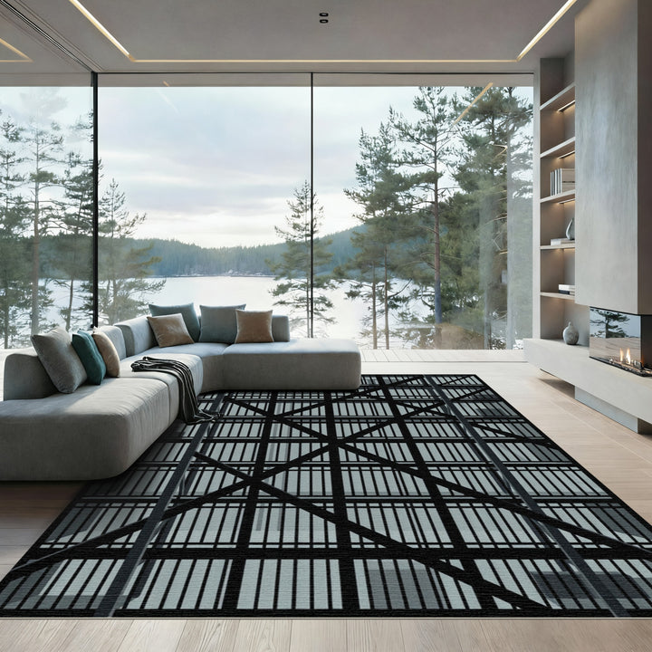 Modern Black Intersecting Lines Rug