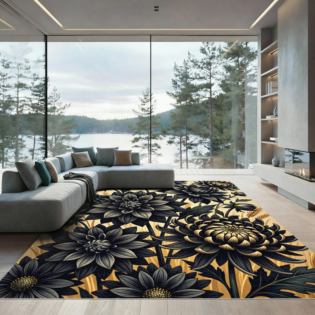 Dark Dahlia Floral Wheat Motif Rug