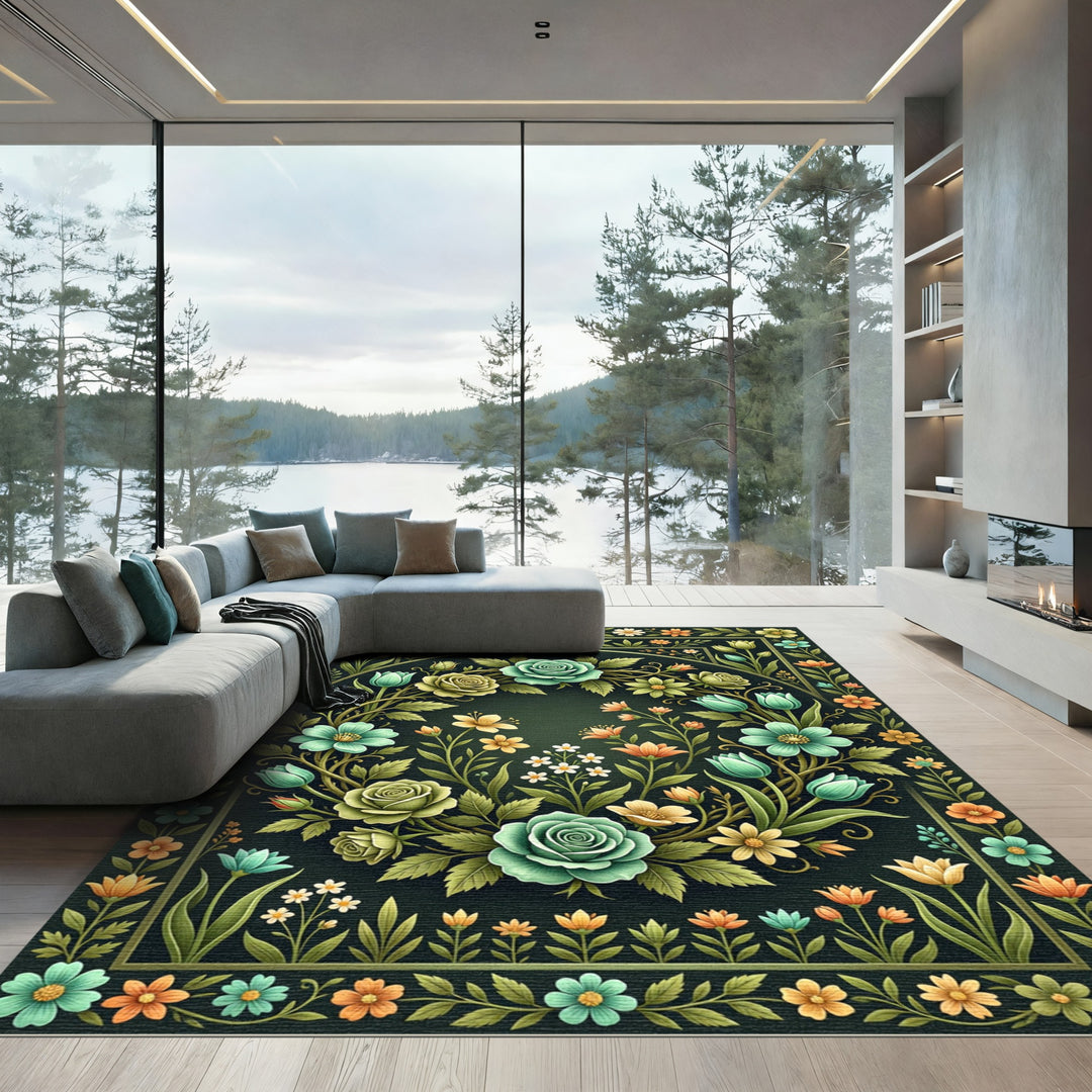 Emerald Garden Rose Tulip Arrangement Rug