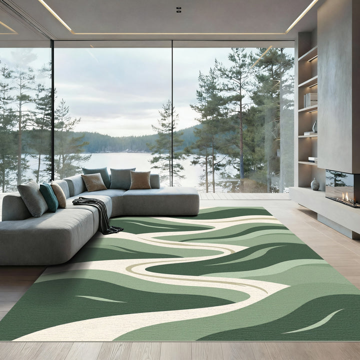 Verdant Green Winding River Landscape Rug