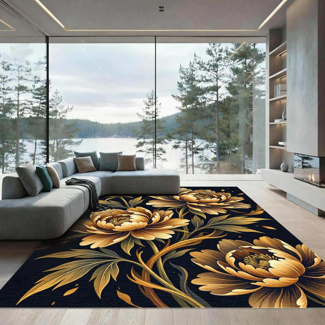 Golden Peony Floral Art Rug