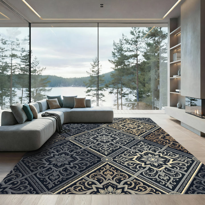 Ornate Silver and Gold Floral Diamonds Rug