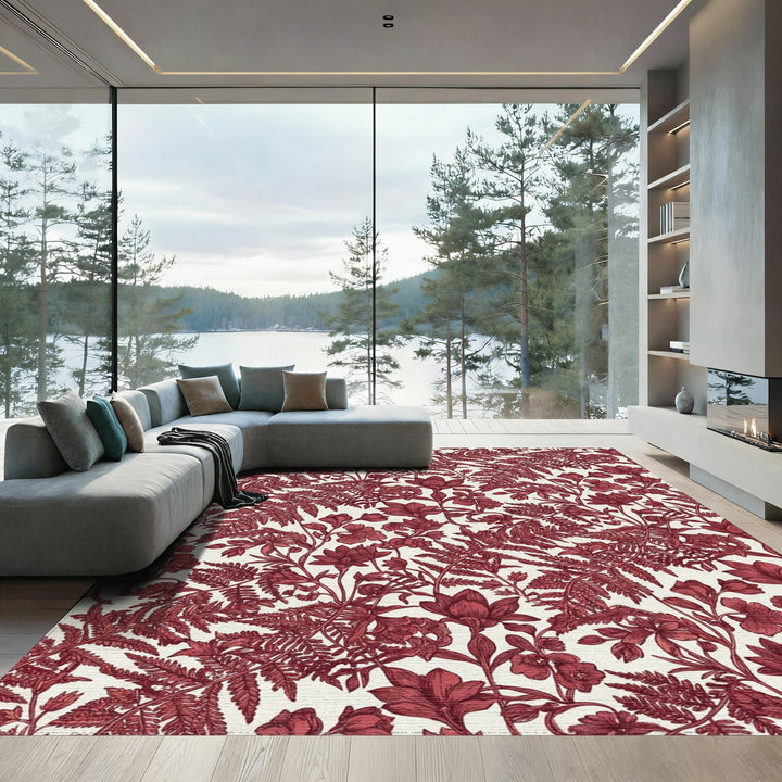 Dark Red Botanical Ferns and Flowers Rug
