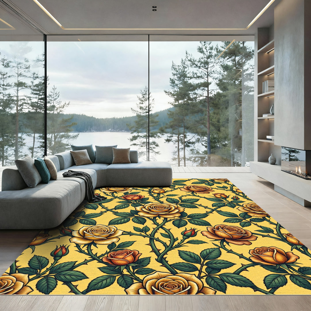Golden Yellow Roses Vine Art Rug