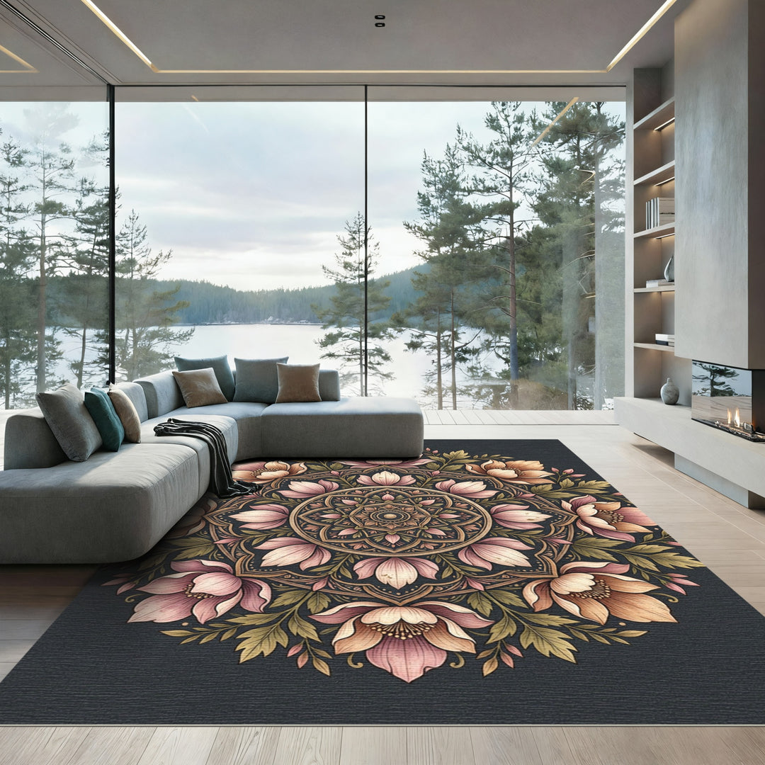 Pink Floral Mandala With Golden Accents Rug