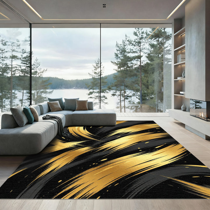 Bold Gold Swirl Abstract Black Rug