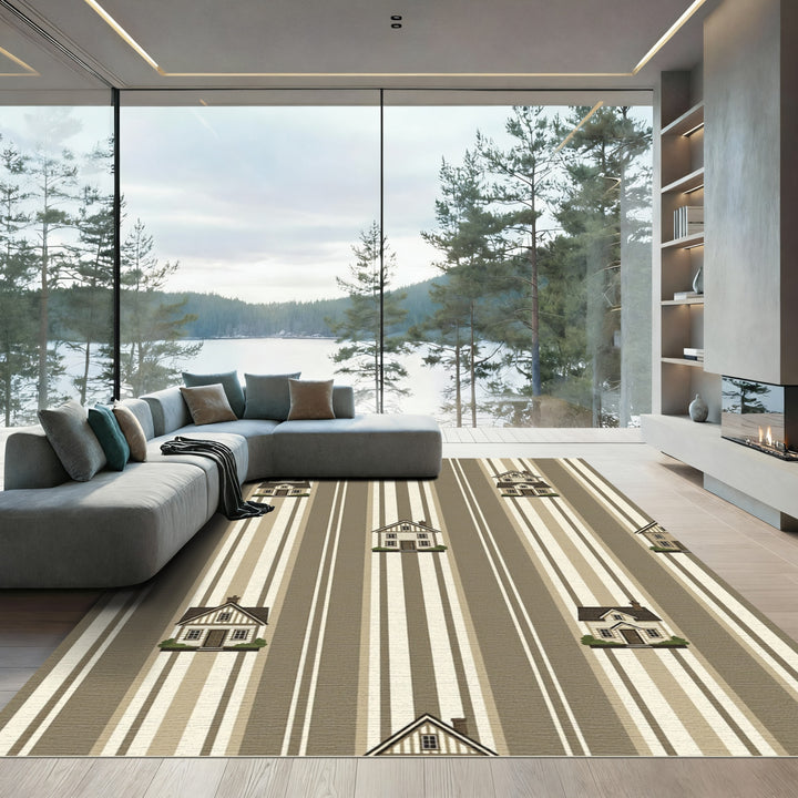 Stripe Houses Beige Brown Wallpaper Rug