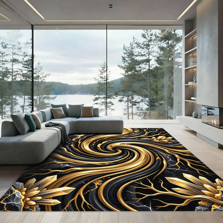 Black Gold Veined Crystal Swirl Rug