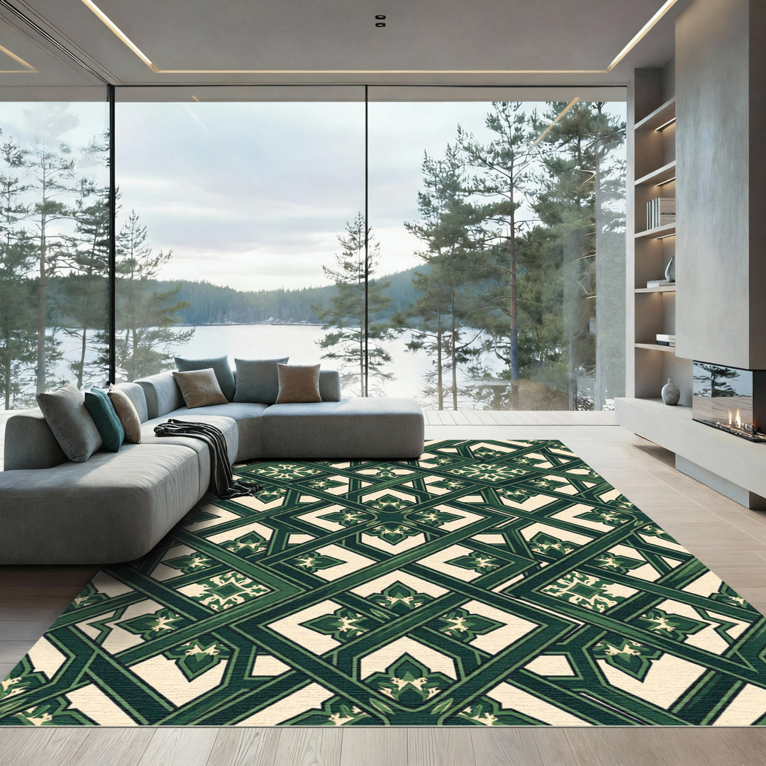Emerald Green Interlocking Geometric Medallion Rug