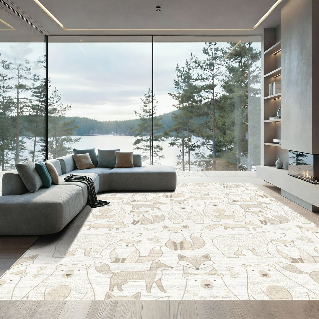 Woodland Creatures Beige Bear Fox Repeat Rug