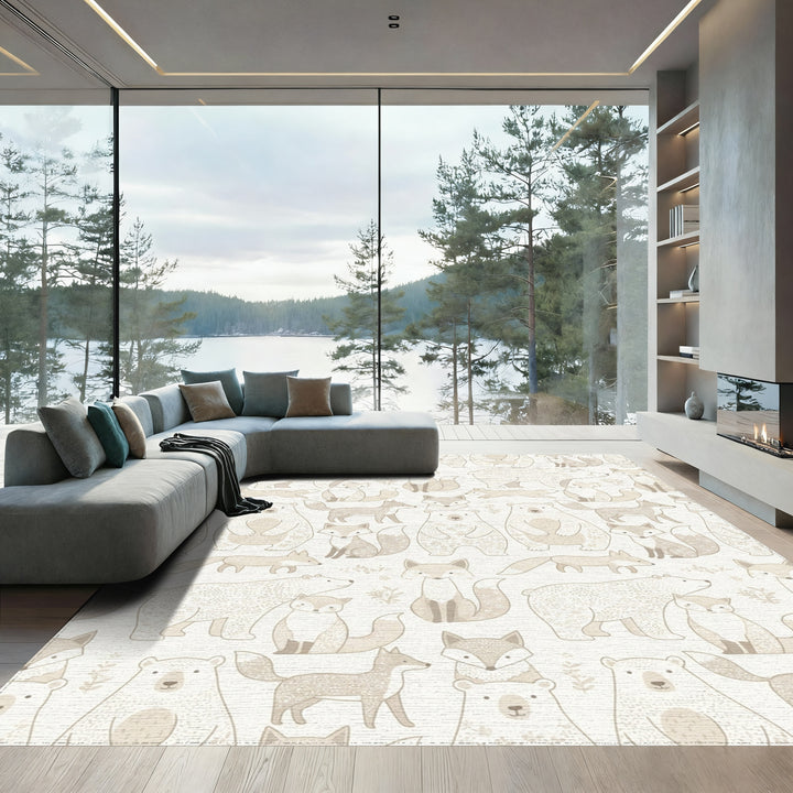 Woodland Creatures Beige Bear Fox Repeat Rug