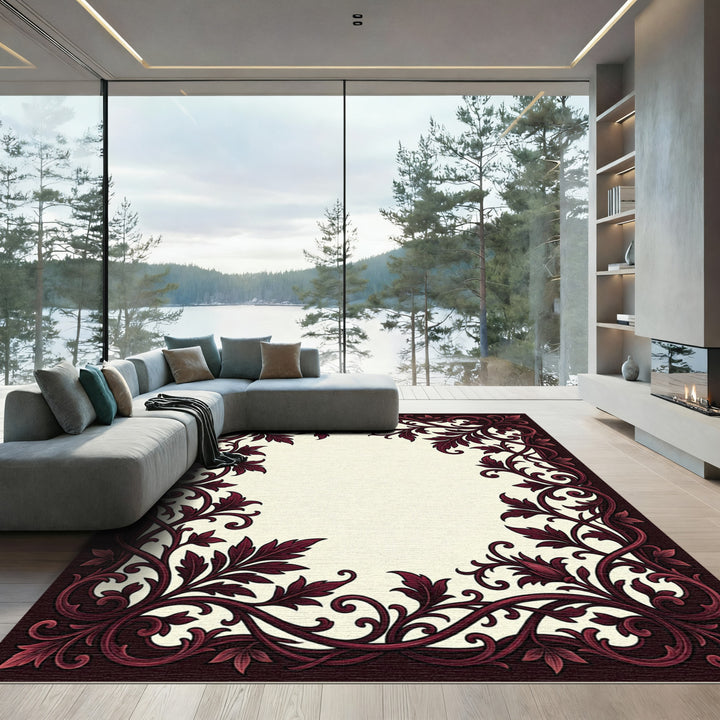 Ornate Burgundy Vine Border Rug