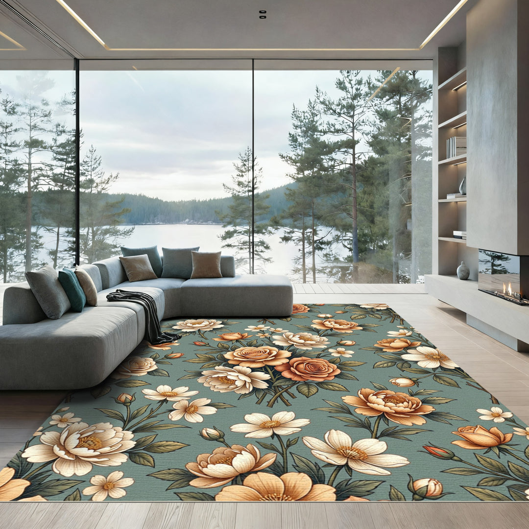 Elegant Peach Roses Botanical Garden Rug