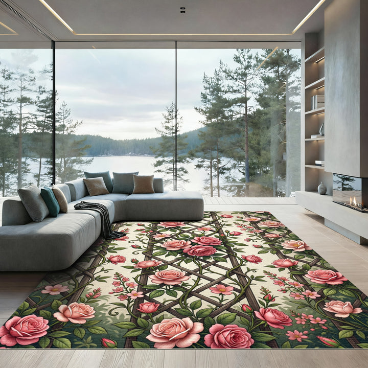 Pink Rose Vine Lattice Garden Rug