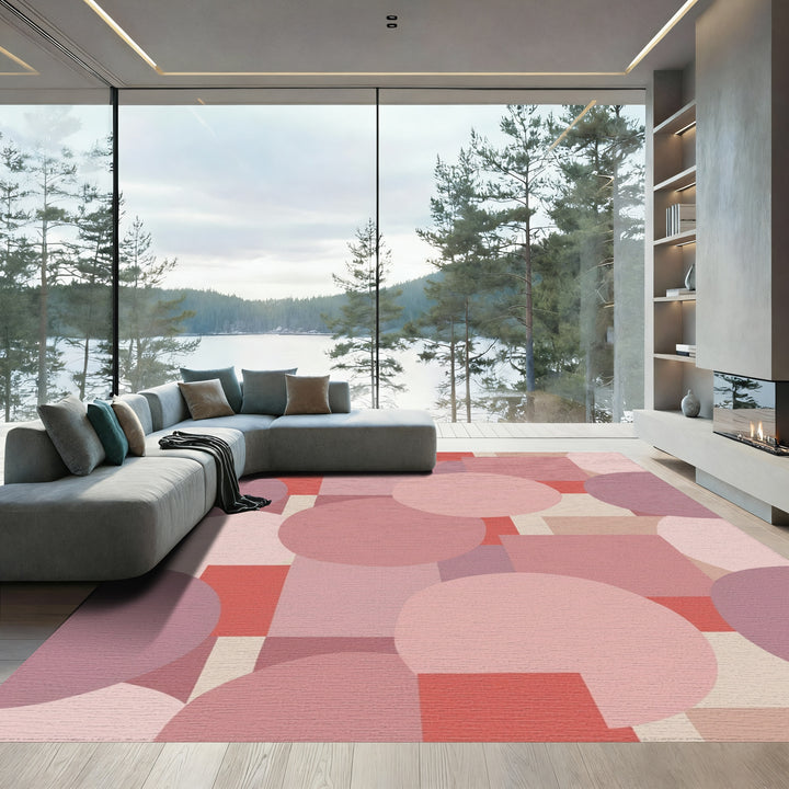 Retro Pink Geometric Circles and Squares Rug