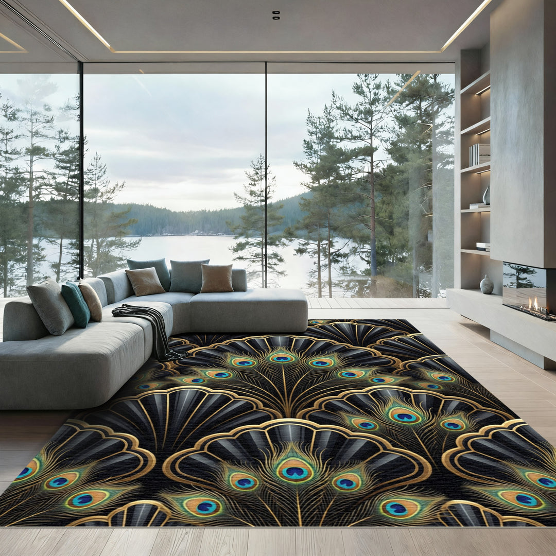 Art Deco Black Gold Peacock Feathers Rug