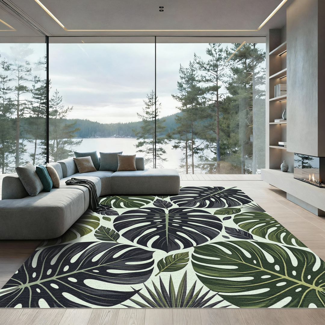Earthy Deep Green Tropical Foliage Rug