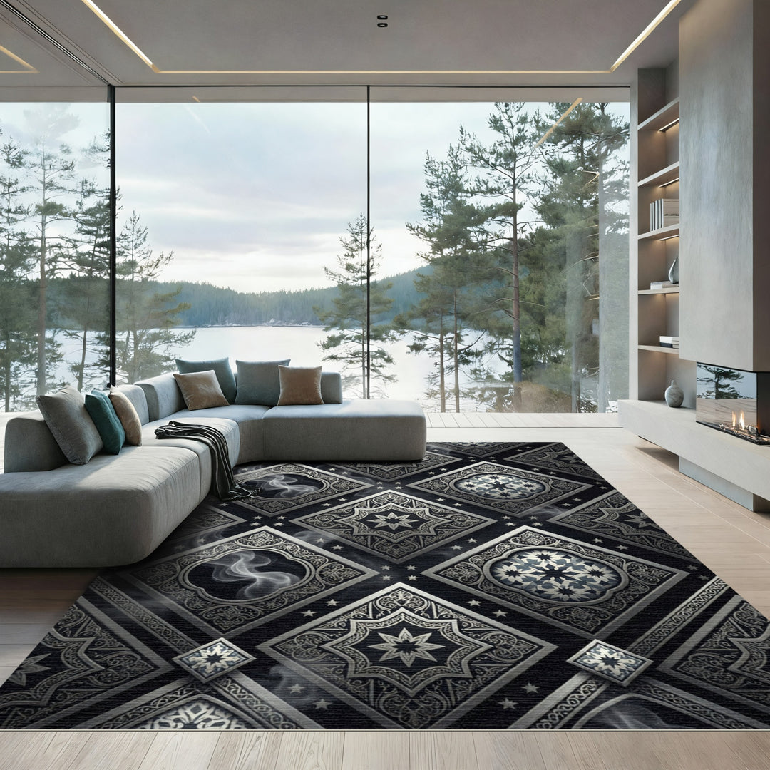 Elegant Silver Geometric Smoke Runner Rug