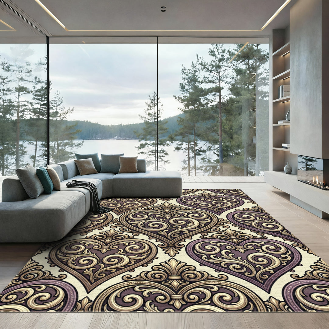 Ornate Golden Heart Damask Rug