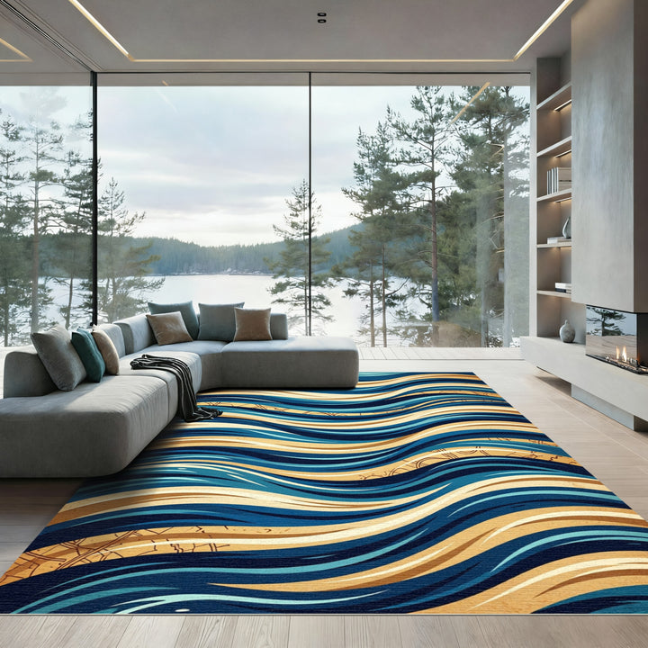 Blue Gold Wavy Lines Abstract Rug