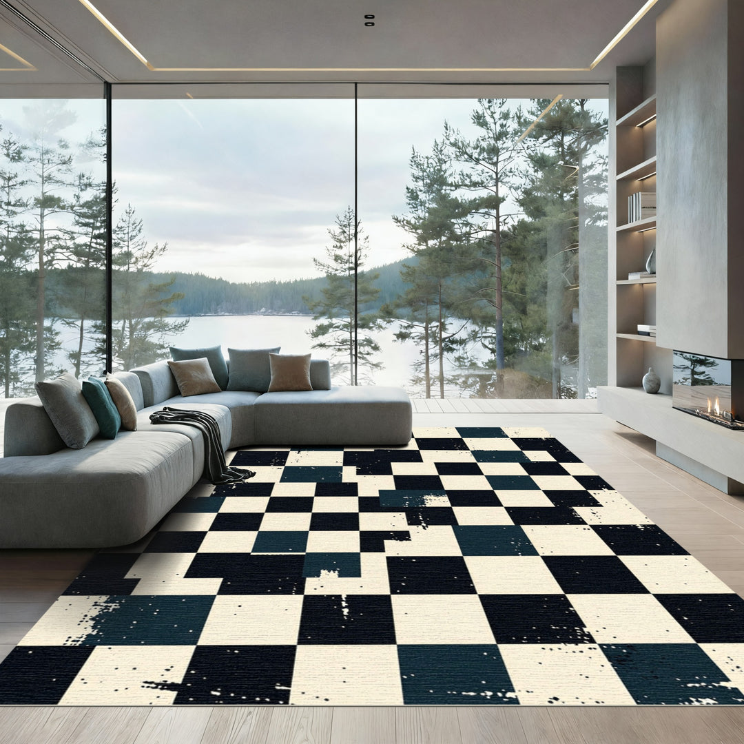 Distressed Black White Checkerboard Square Arrangement Rug