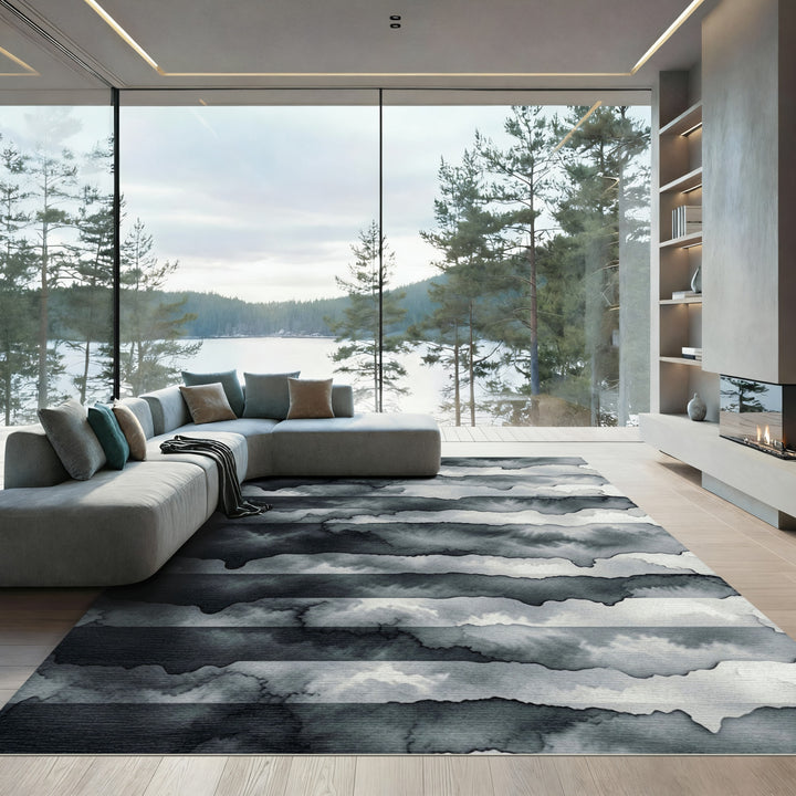 Abstract Black Gray Watercolor Stripe Rug