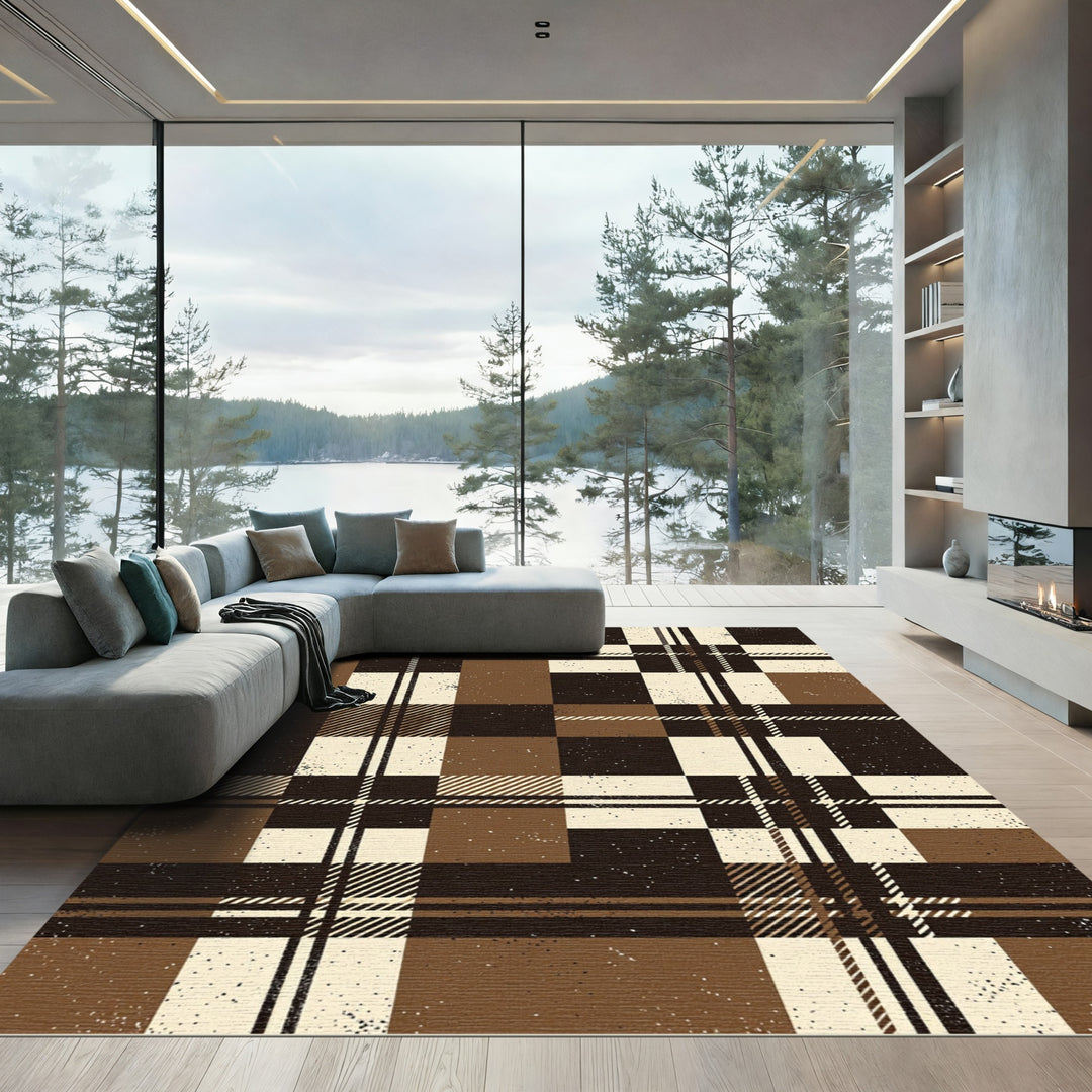 Classic Brown Beige Plaid Rug