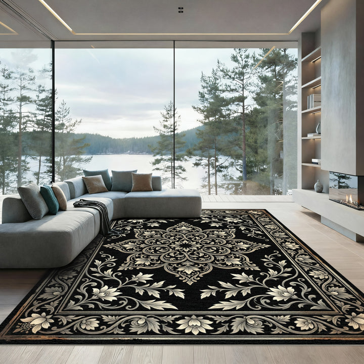 Vintage Black Floral Medallion Rug