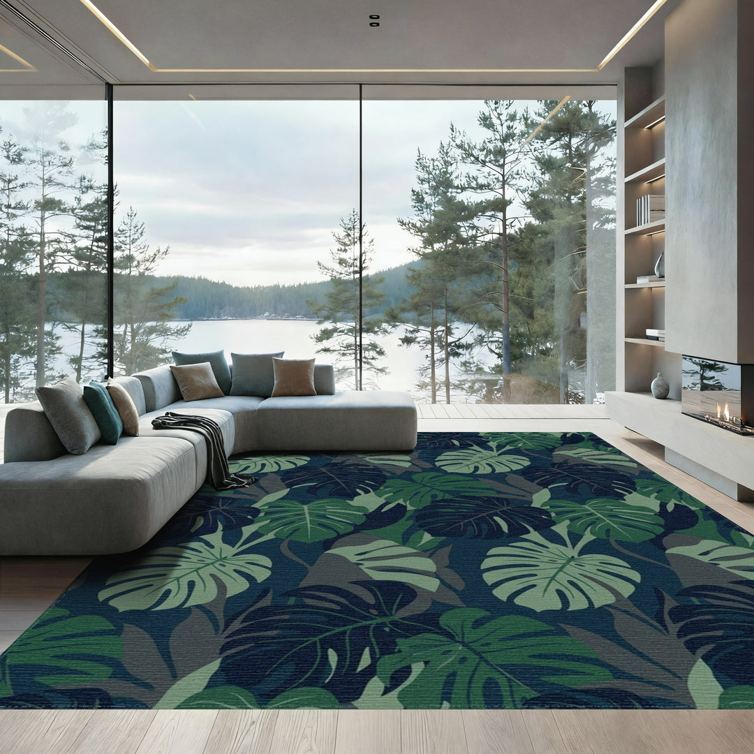 Deep Forest Monstera Leaf Arrangement Rug