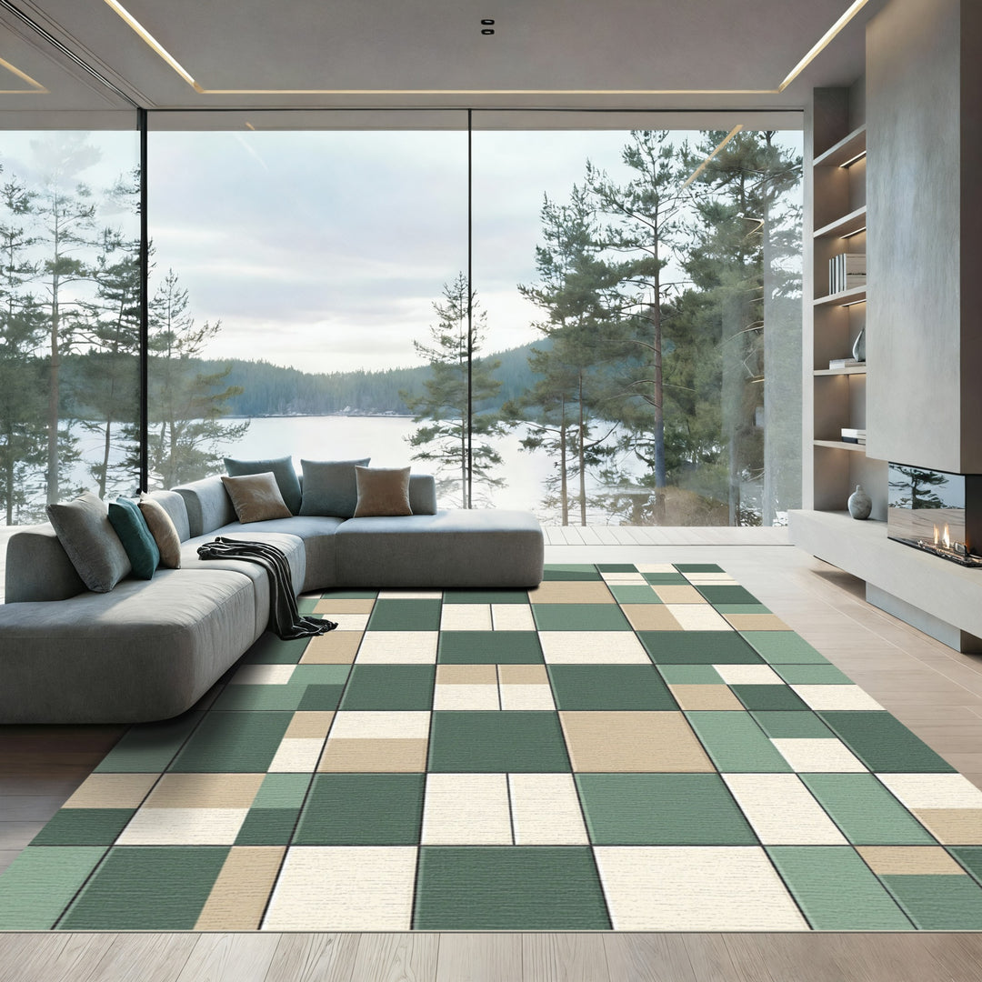 Abstract Geometric Green Beige Squares Rug
