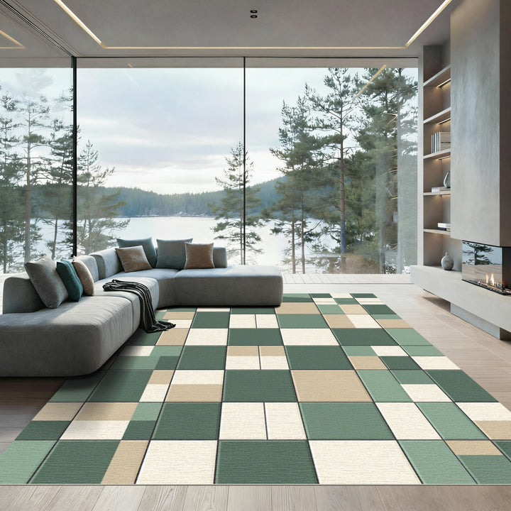 Abstract Geometric Green Beige Squares Rug