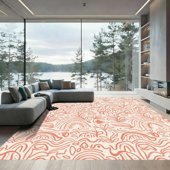 Coral Abstract Floral Rainbow Swirls Rug