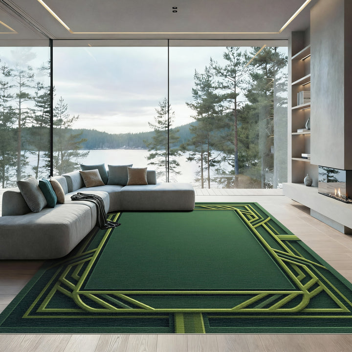 Emerald Geometric Art Deco Border Rug