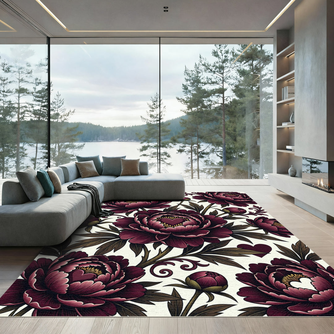 Deep Burgundy Floral Heart Pattern Rug