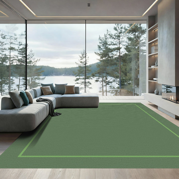 Earthy Olive Green Geometric Border Rug