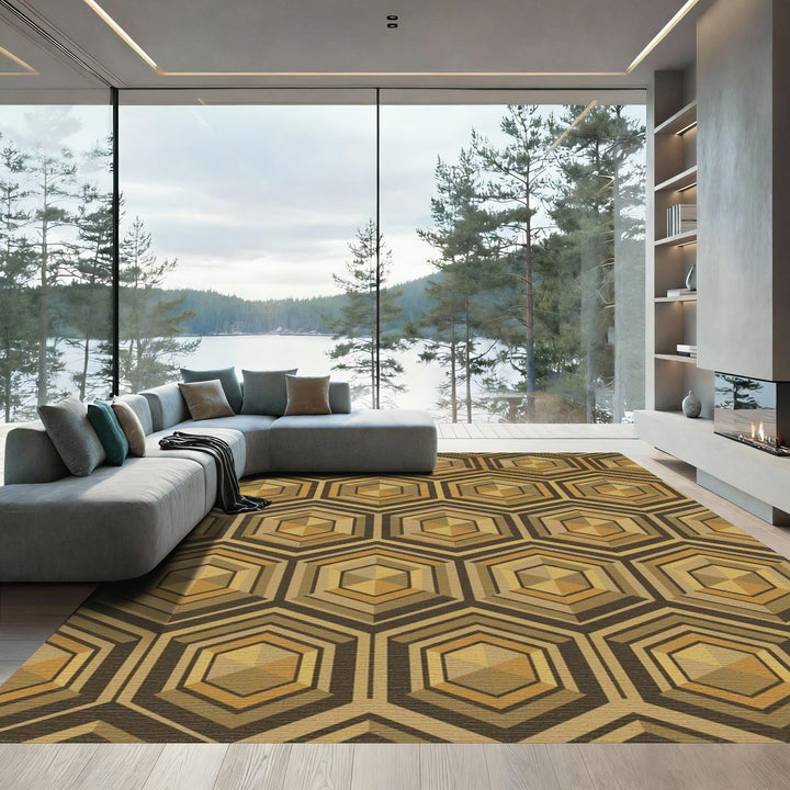 Brown Gold Hexagon Geometric Art Rug