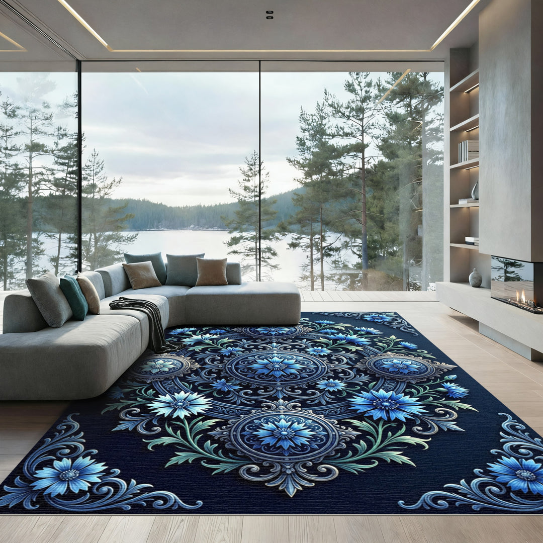Ornate Blue Floral Scrollwork Medallion Rug